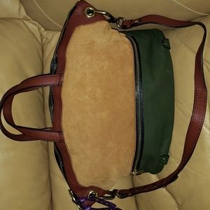 orYANY Suede and Leather Colorblock Satchel in Tan, Brown, and Green